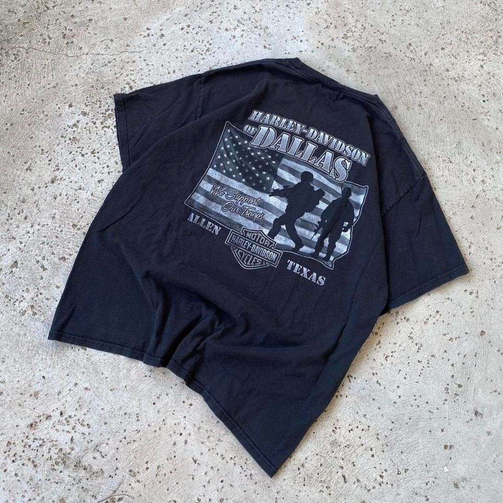 Vintage Dallas Allen Texas Harley Davidson Motorcycle Support Troops Black Shirt